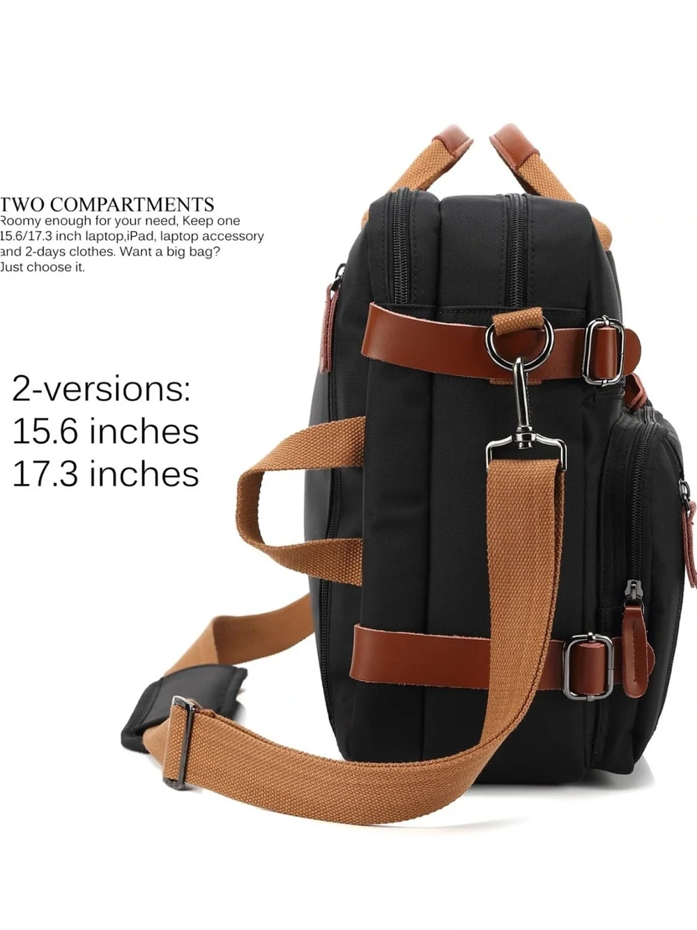 Convertible Black Briefcase Messenger Bag w/ Tan Accents hidden backpack straps